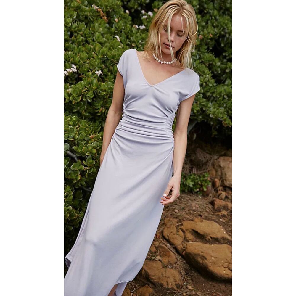 Free People Beach Chateau V-Neck Ruched Midi Dress in Iris Size S. - Picture 3 of 7